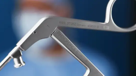 Close-up of a RhinoForce II surgical instrument by Karl Storz Germany.