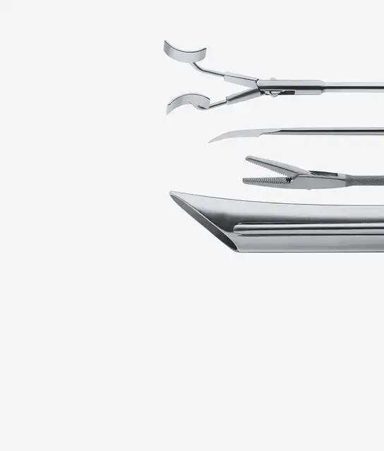 Set of stainless steel surgical instruments arranged in a row.