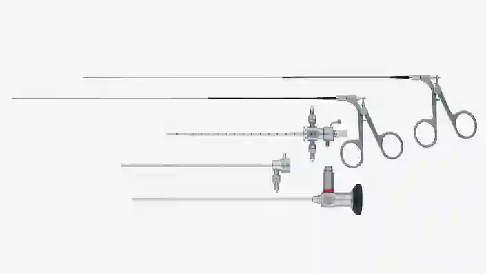 Assorted medical endoscopy instruments arranged in a row.