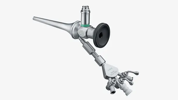 Endoscope médical en métal de type otoscope sur fond gris, utilisé en examen ORL.